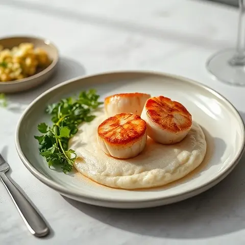 Seared Scallops over Cauliflower Purée with Herb Salad