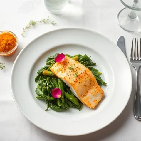 Rose & Turmeric Baked Swordfish with Braised Turnip Greens