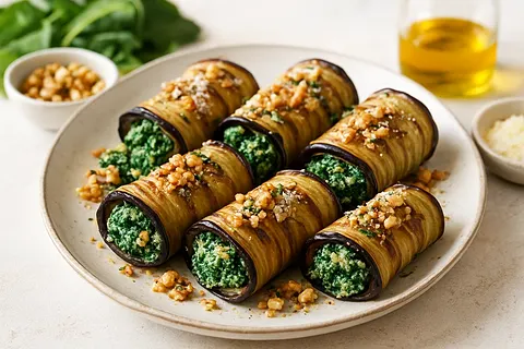 Nutritious Eggplant Roll-Ups with Spinach Ricotta & Walnut
