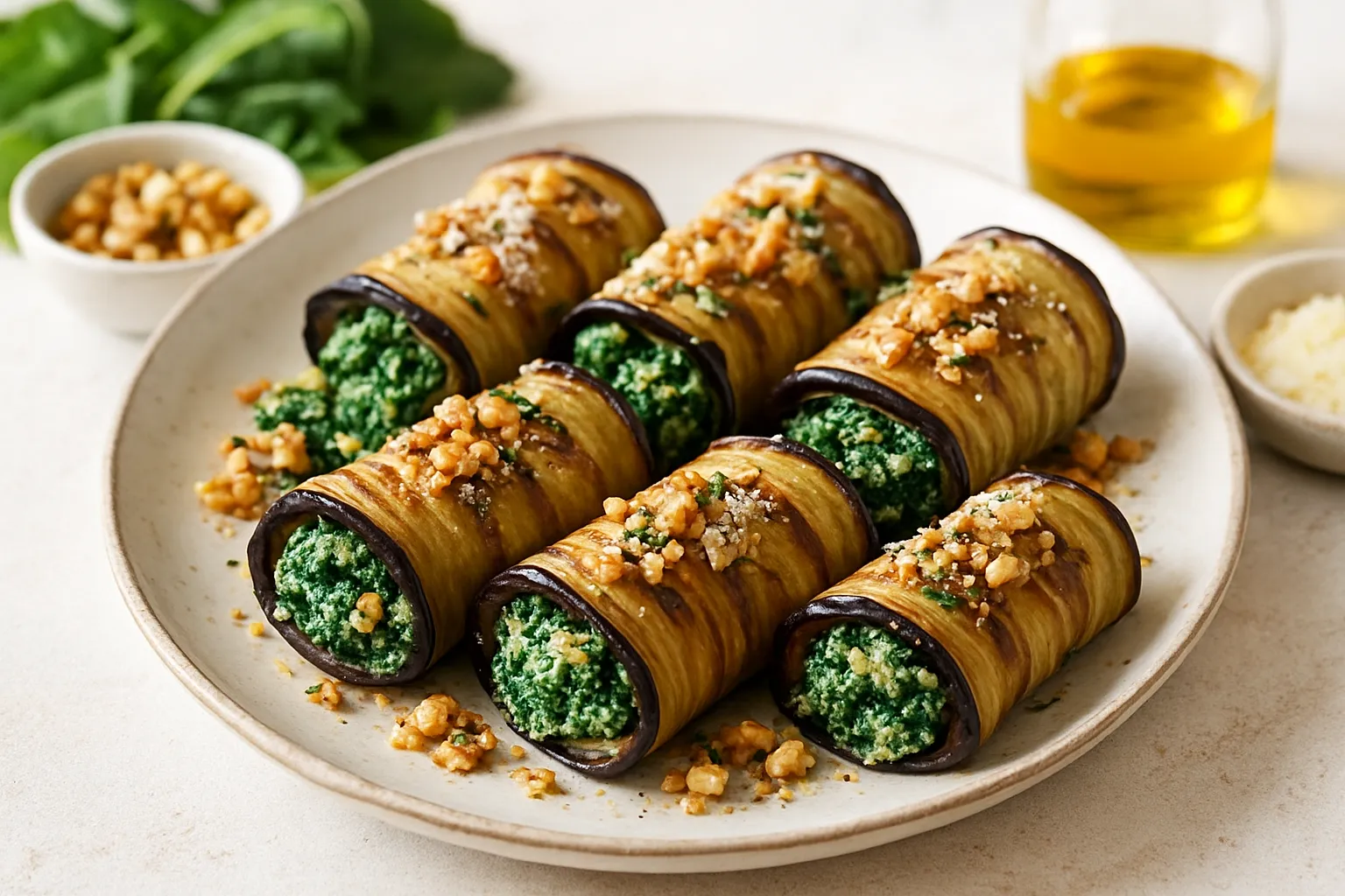 Nutritious Eggplant Roll-Ups with Spinach Ricotta & Walnut