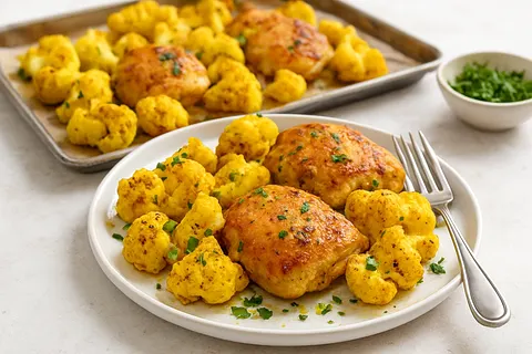 Turmeric-Roasted Cauliflower and Chicken Sheet Pan Lunch