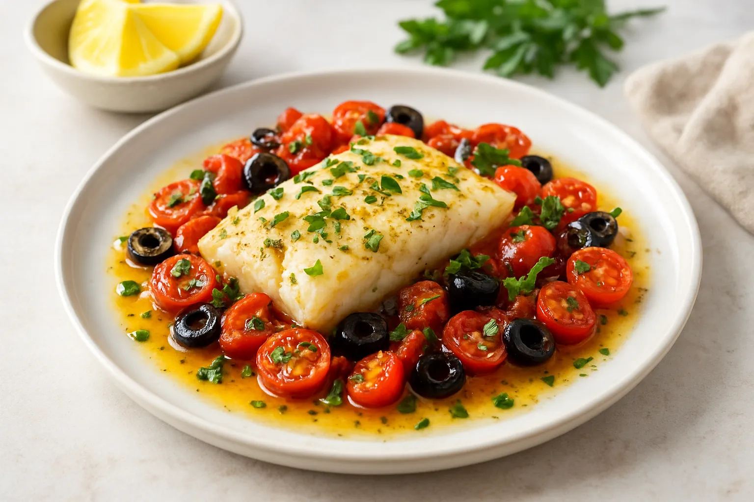 Mediterranean Tomato-Olive Braised White Fish