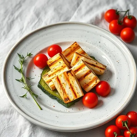 Grilled Halloumi-Style Plant with Roasted Cherry Tomatoes