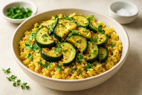 Savory Millet Breakfast Bowl with Sautéed Zucchini and Herbs