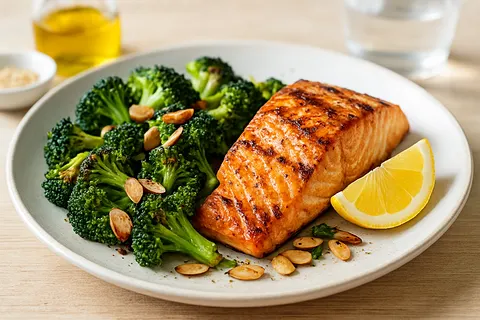 Charred Broccoli with Toasted Almonds and Grilled Salmon