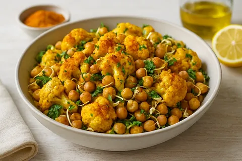 Turmeric-Roasted Cauliflower & Chickpea Sprout Salad