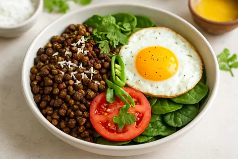 Spiced Black Gram & Egg Savory Breakfast Bowl with Coconut & Cilantro