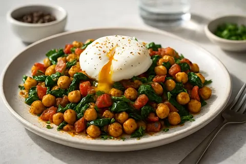 Savory Chickpea & Spinach Breakfast Hash with Poached Egg