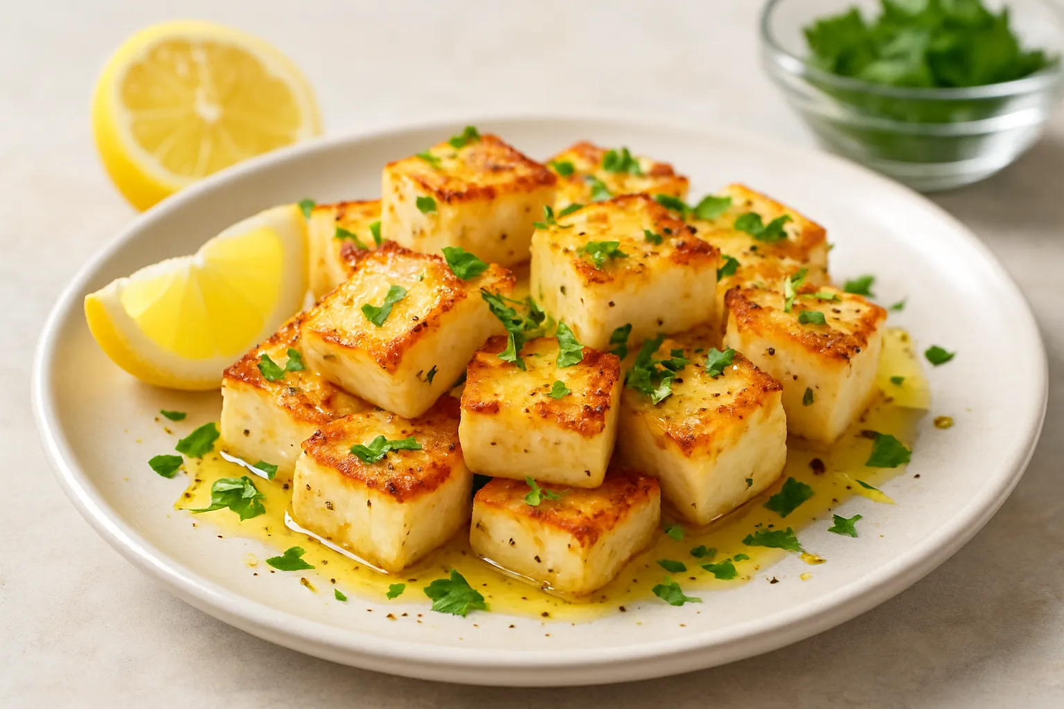 Lemon Seared Halloumi Cubes