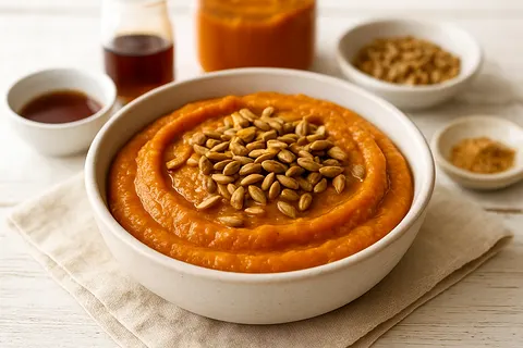 Warm Spiced Pumpkin Purée topped with Toasted Sunflower Seeds