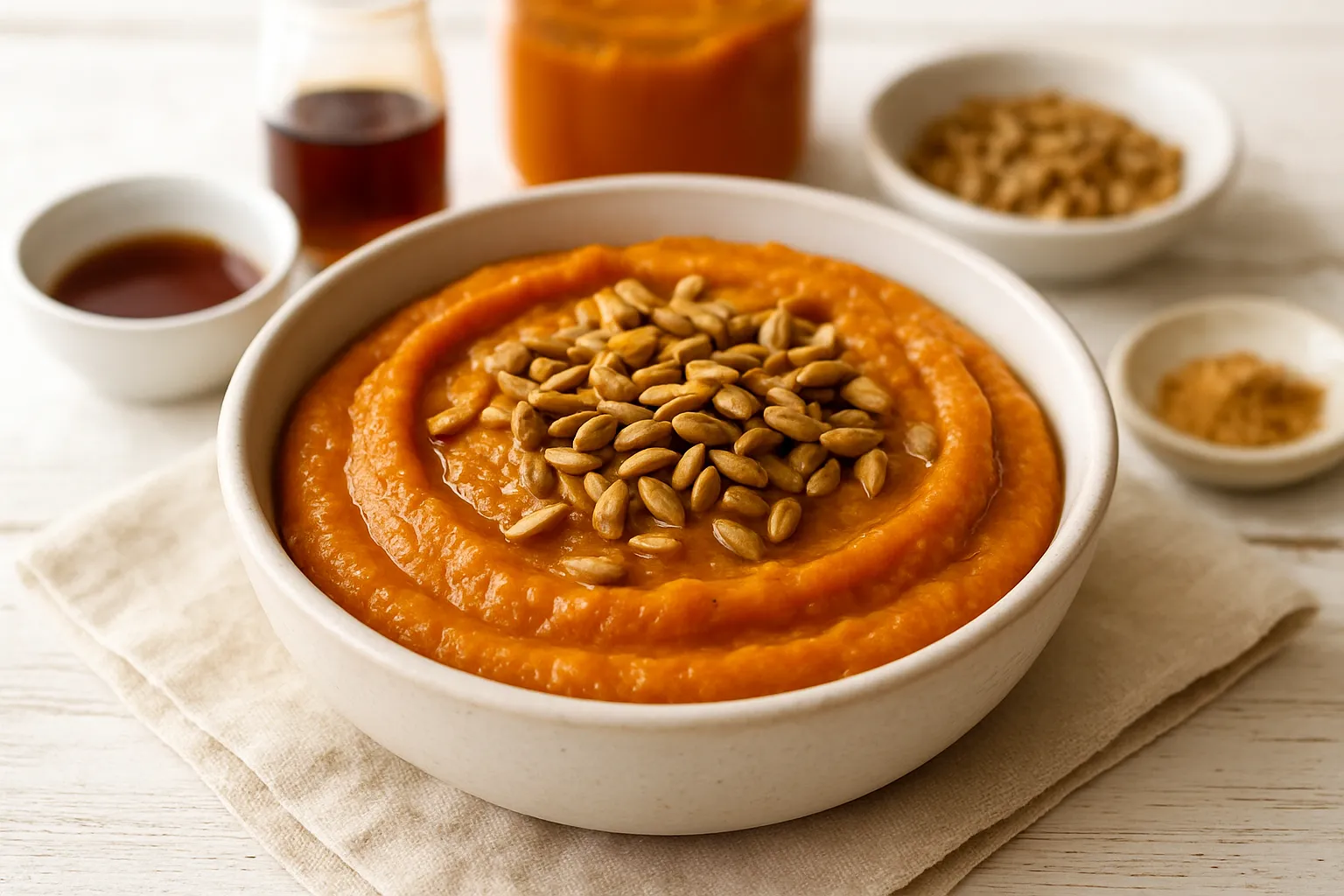Warm Spiced Pumpkin Purée topped with Toasted Sunflower Seeds