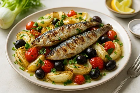 Roasted Fennel & Olive Salad with Grilled Sardines