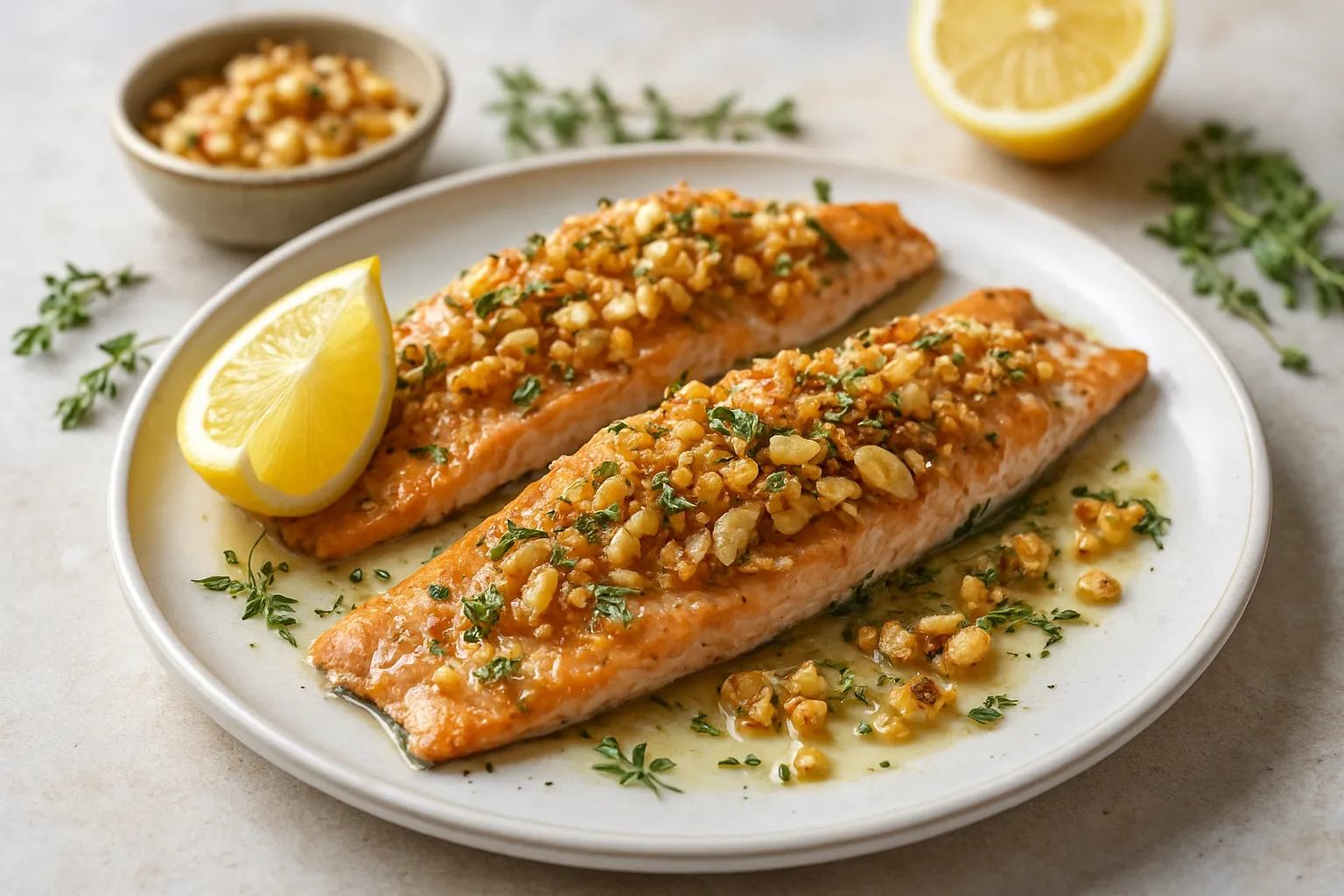 Baked Trout with Lemon, Thyme, and Almond-Garlic Crumble
