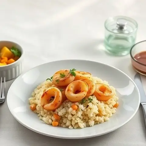 Mustard Seed Turmeric Grilled Calamari over Cauliflower Pilaf