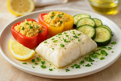 Steamed White Fish & Millet-Stuffed Peppers