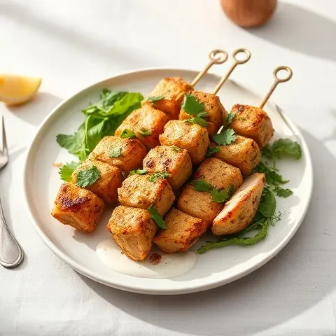 Methi-Garlic Chicken Skewers with Yogurt Dip