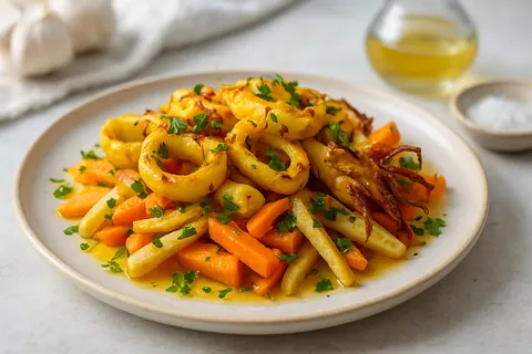 Saffron-Rose Grilled Calamari with Warm Parsnip & Carrot Salad