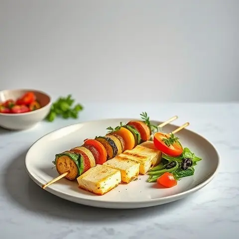 Grilled Vegetable & Halloumi Skewers with Lemon-Herb Dressing