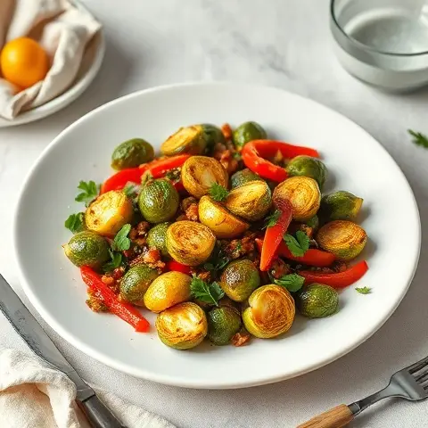 Chili-Lime Roasted Brussels Sprouts & Red Pepper