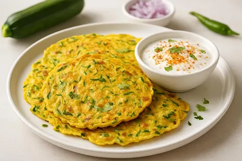 Besan Chilla with Grated Zucchini & Spiced Yogurt