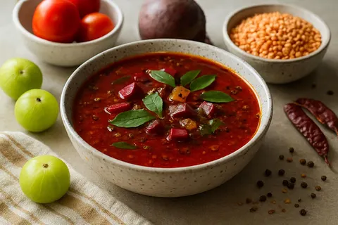 Amla & Beetroot Rasam with Curry Leaves and Black Pepper
