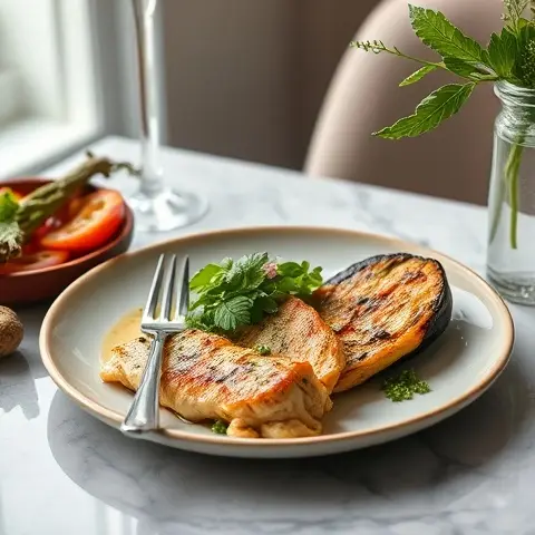 Methi & Coriander Seared Chicken Breast with Roasted Eggplant