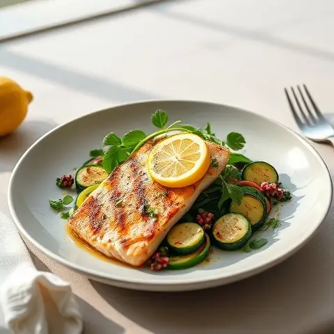 Lemon-Garlic Grilled Swordfish & Zucchini Salad