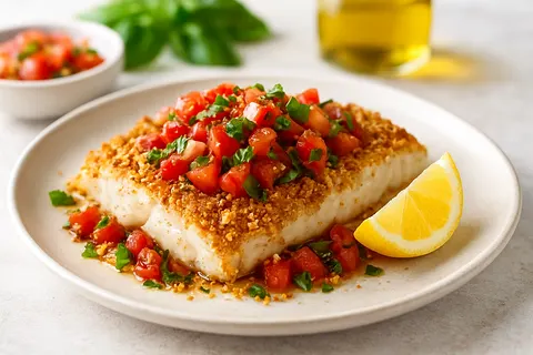 Tomato-Basil Baked Cod with Almond Crust