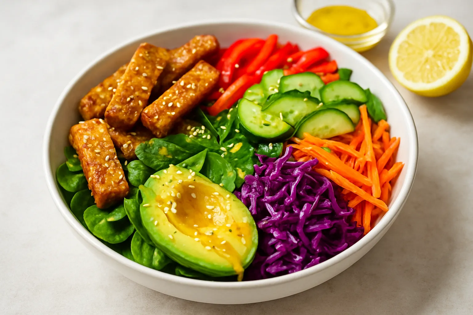 Tempeh Rainbow Veggie Bowl with Turmeric Dressing