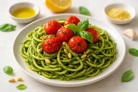 Zucchini Noodles with Pesto and Roasted Cherry Tomatoes