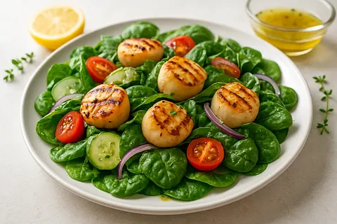 Grilled Scallop & Spinach Salad with Lemon-Thyme Vinaigrette
