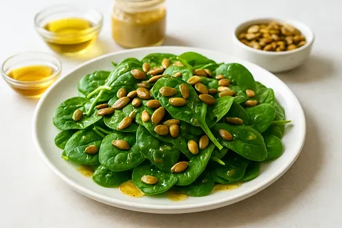 Roasted Pumpkin Seed & Spinach Salad with Mustard Vinaigrette