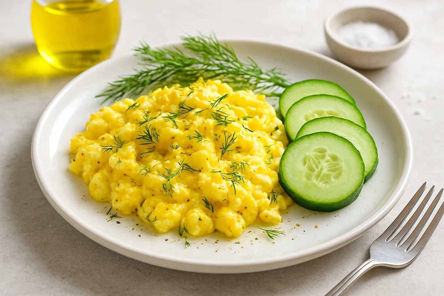 Soft Scrambled Eggs with Fresh Dill and Cucumber