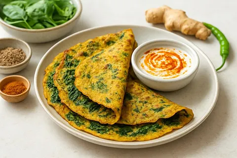 Savory Besan Chilla with Spinach, Ginger & Spiced Yogurt