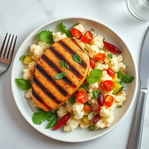 Grilled Chicken with Tabbouleh-style Cauliflower Salad