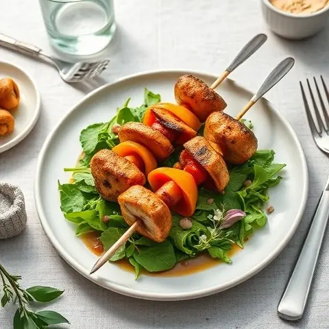 Tandoori Mushroom & Bell Pepper Skewers over Greens