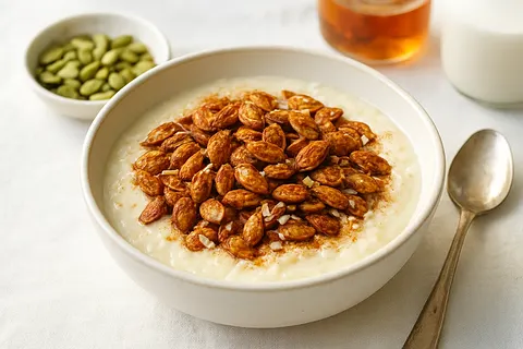 Cinnamon-Spiced Roasted Pumpkin Seeds over Coconut Custard