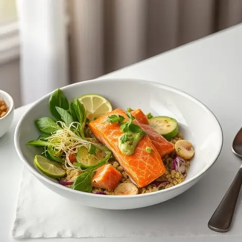 Creamy Avocado Pesto Salmon & Sprouts Bowl (No Dairy)