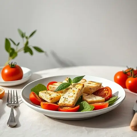 Grilled Halloumi & Tomato Salad with Basil Oil