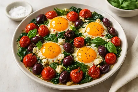 Mediterranean Feta & Herb Egg Bake with Roasted Cherry Tomatoes and Olives