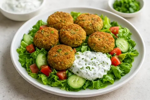 Baked Falafel Salad with Tzatziki and Cucumber
