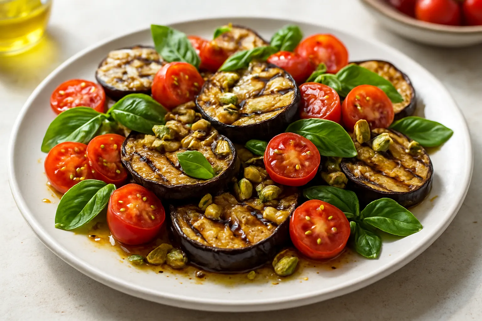 Grilled Eggplant & Tomato Salad with Basil and Pistachios