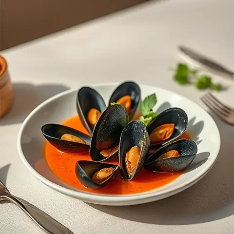 Harissa-Poached Mussels in Tomato Broth