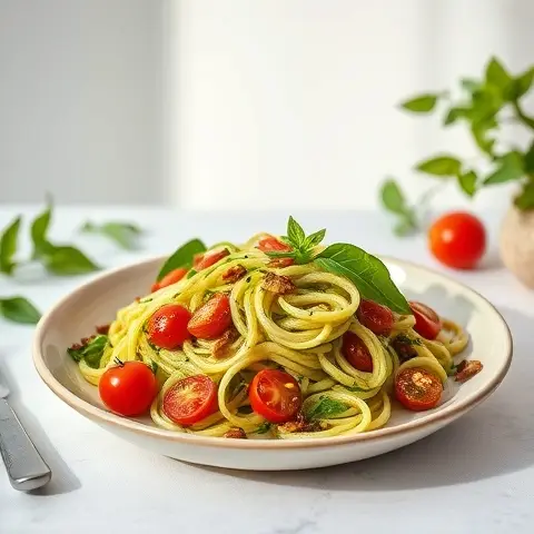 Zucchini Noodle Pesto Salad with Roasted Cherry Tomatoes