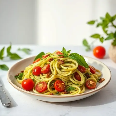Zucchini Noodle Pesto Salad with Roasted Cherry Tomatoes