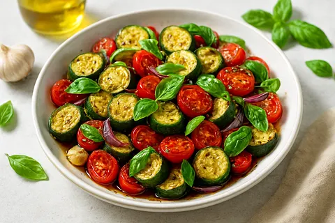 Garlic-Roasted Zucchini & Tomato Salad with Basil