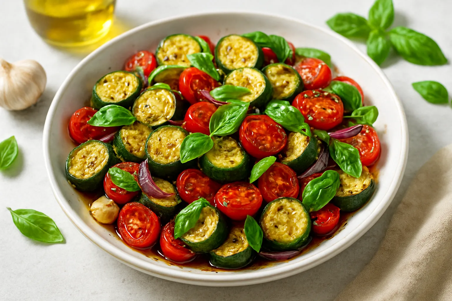 Garlic-Roasted Zucchini & Tomato Salad with Basil