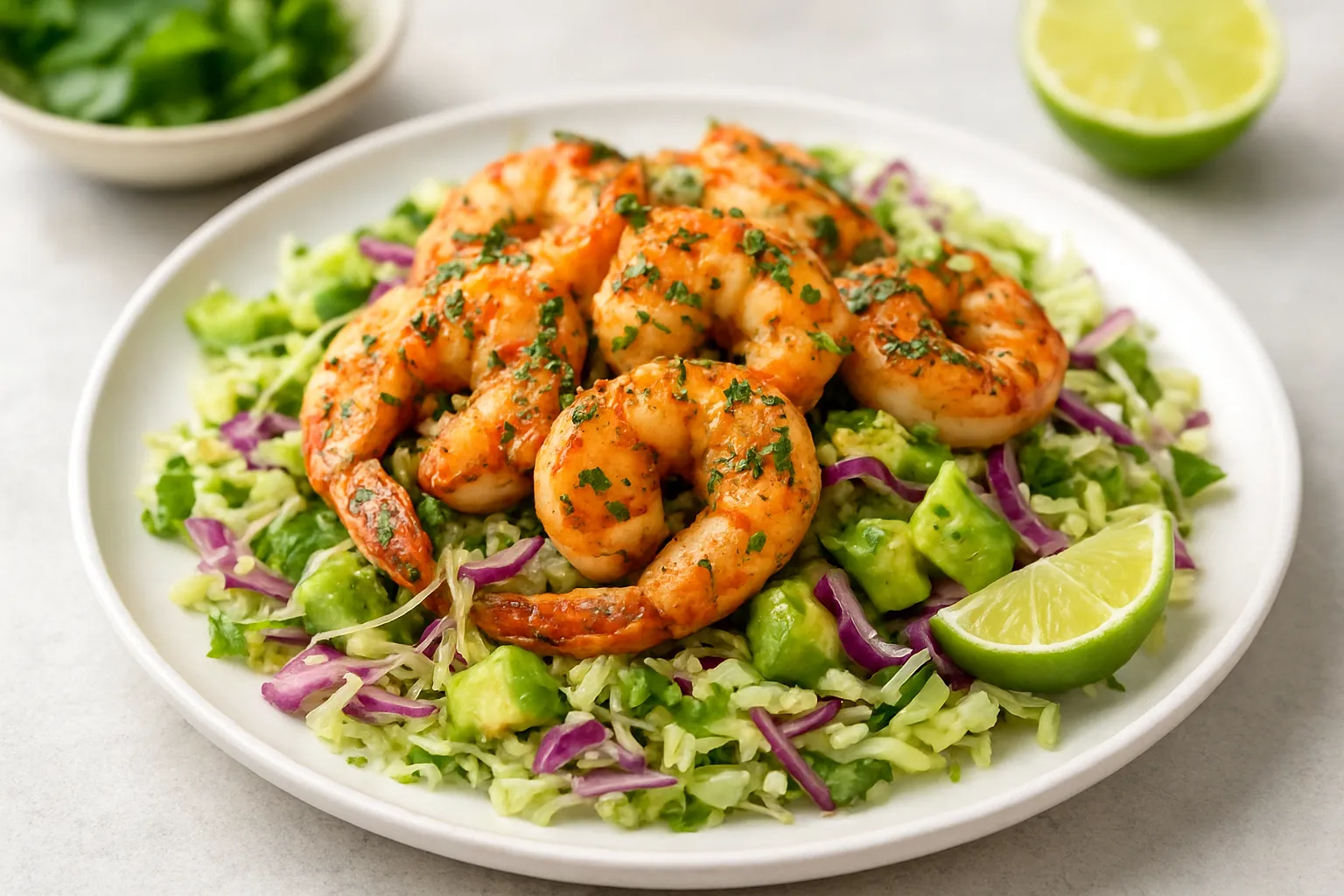 Cilantro-Lime Grilled Shrimp with Avocado and Cabbage Slaw