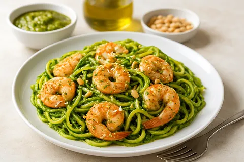 Shrimp & Zoodle Pesto with Pine Nuts