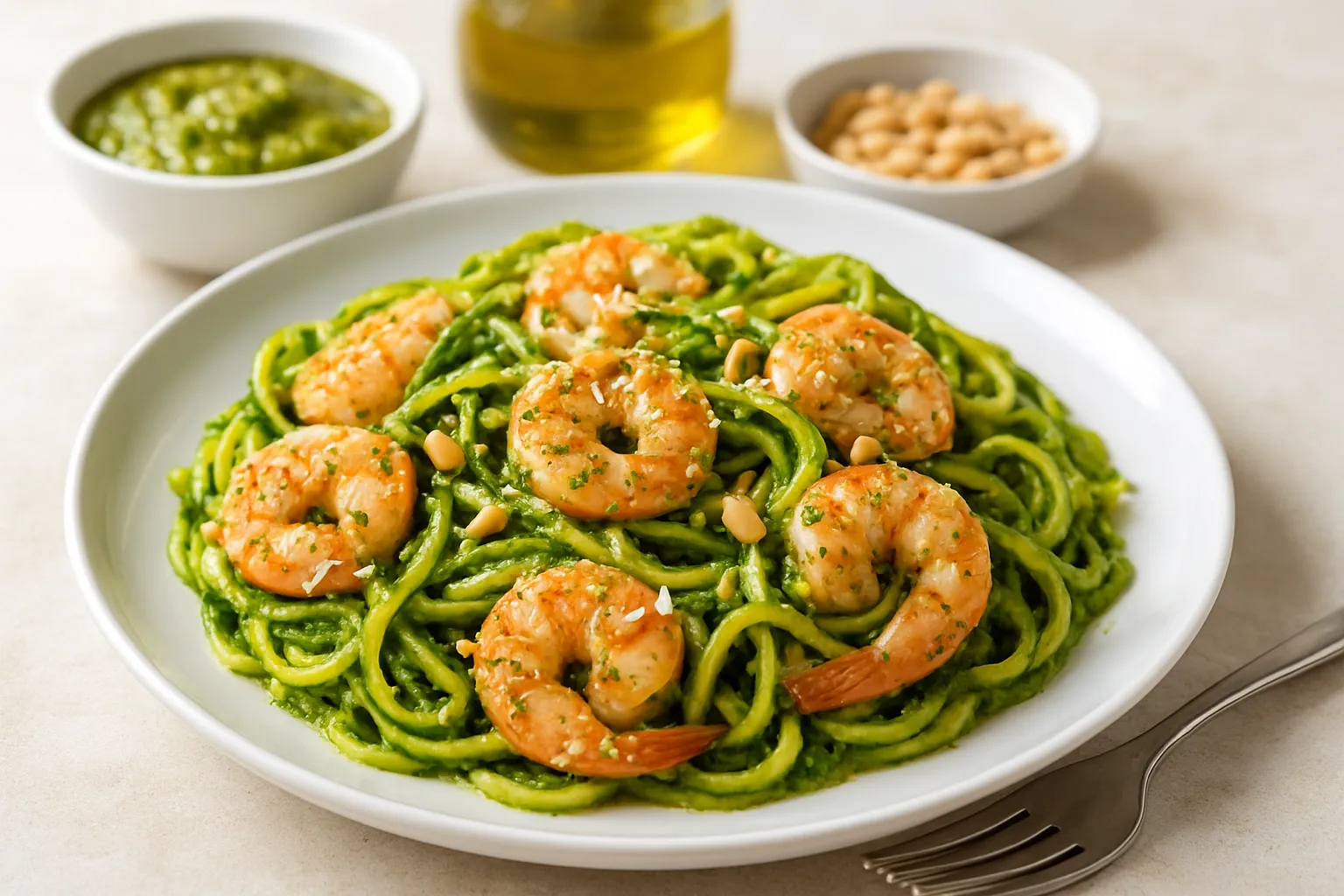 Shrimp & Zoodle Pesto with Pine Nuts